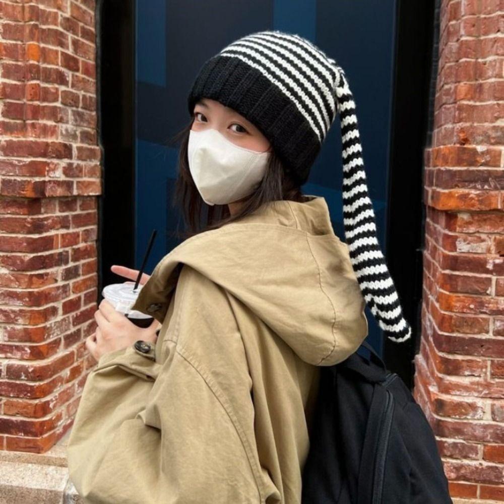 Y2K Rabbit Ears Hat Knitted Stripe Skull Cap Cute Women Beanie Hat  Outdoor