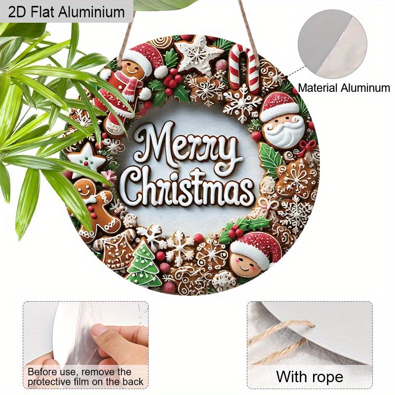 2D Flat Merry Christmas Aluminium Sign - Charming Figurine Ornaments with Santa Claus & Gingerbread Man Pattern - Ideal for Front Door, Wall, Porch