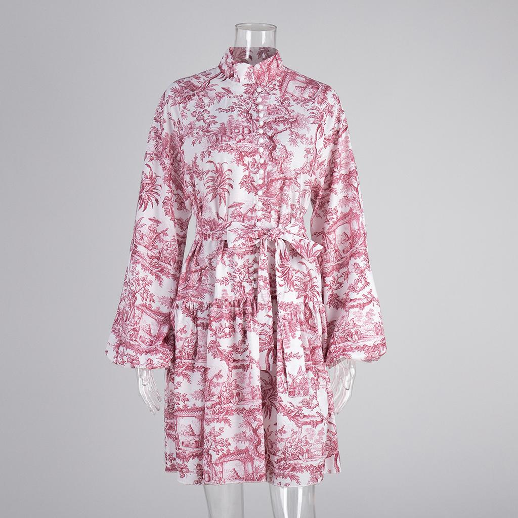 Ink printing long-sleeved dress short dress European and American spring new stand-up collar lantern sleeve lace-up dress
