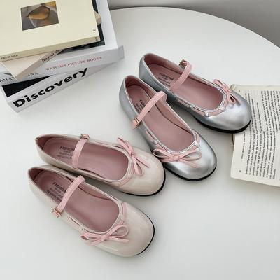 Round Head Bow Thick Heel Thick Sole Mary Jane Small Leather Shoes Women's Summer New French Light Mouth Silver  Shoes