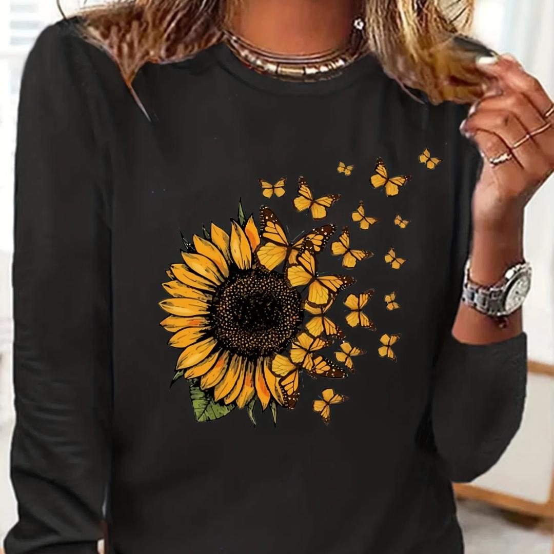 

Футболка большого размера, повседневная, женская, с принтом подсолнухов и бабочек, с длинным рукавом, круглым вырезом, слегка эластичная L
