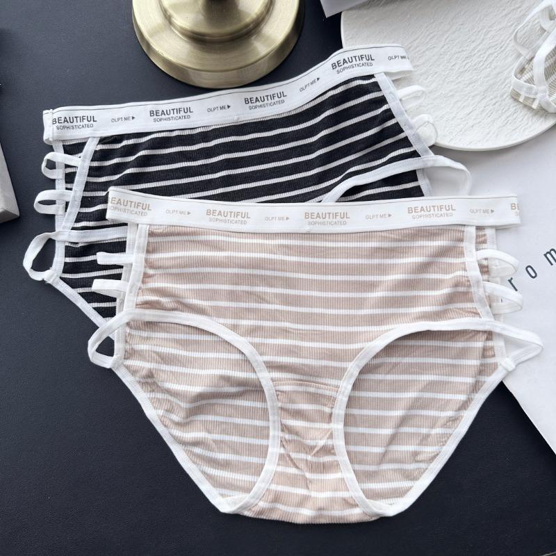 Women's Spring and Summer Sports Style Personality Stripe Pit Side Open Ice Silk Mid Waist Underwear