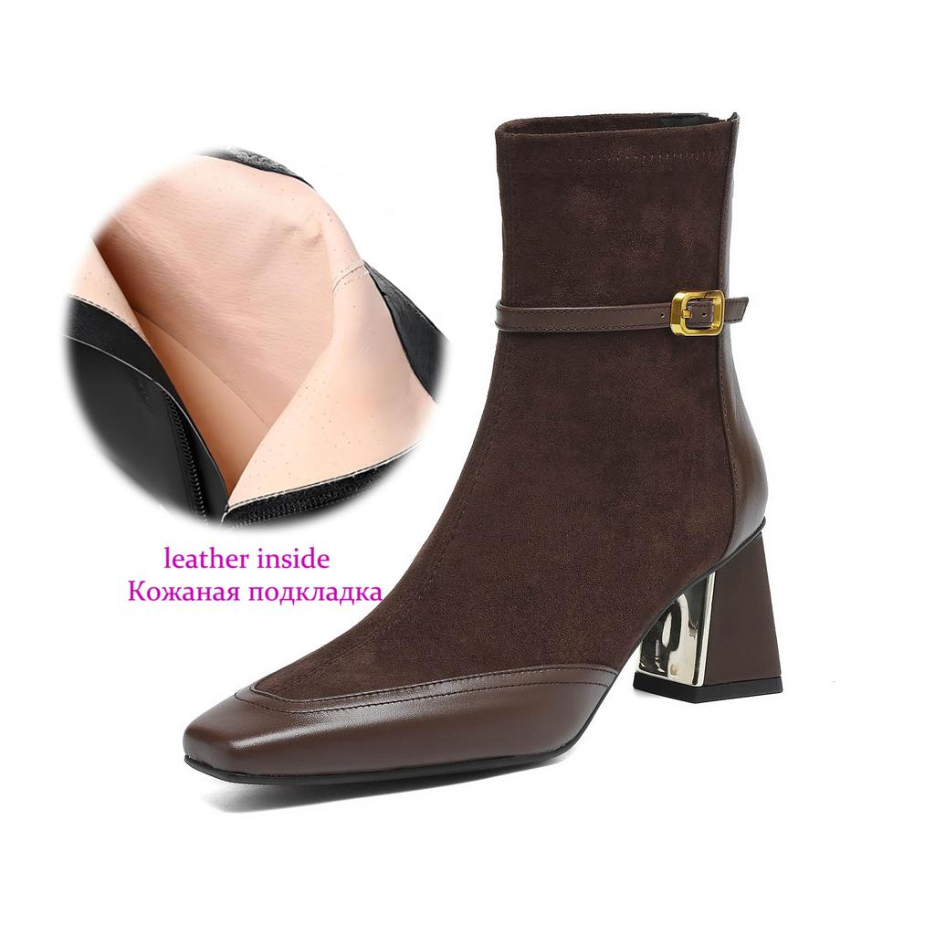 Krazing Pot Flock Cow Skin Square Toe Thick Heels Chelsea Boots Size 42 Beauty Lady Women Modern Fashion Girl Ankle Boots