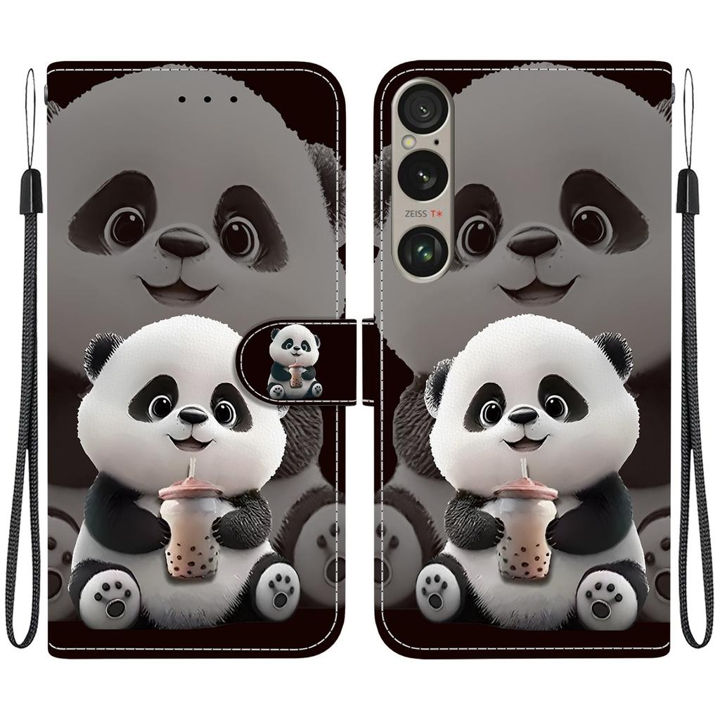 Handmade PU Leather Flip Case for Sony Xperia 1 VI Anti-Slip Shockproof Cover with Wrist Strap & Heart/Rose Cat Designs