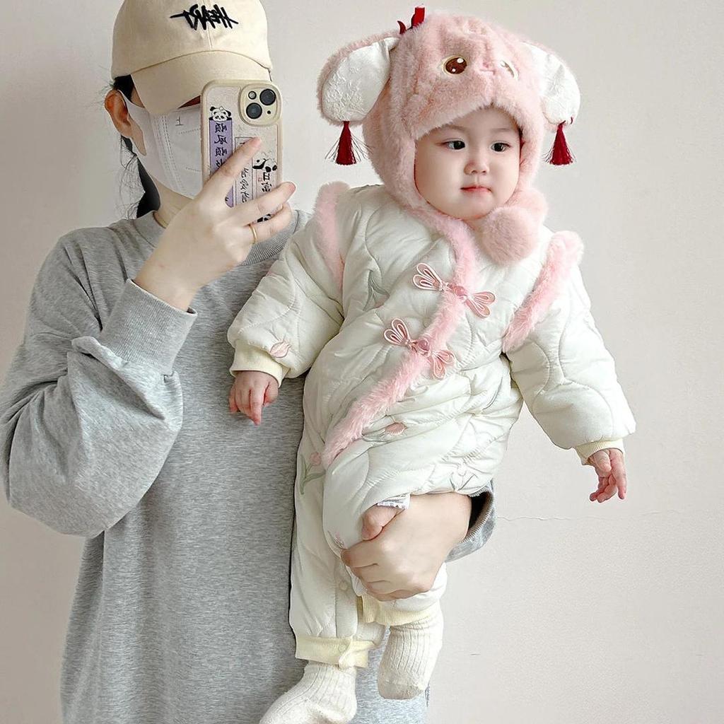 Super Cute Fleece-Lined Baby Winter Romper Jumpsuit with Cotton-Padded Jacket