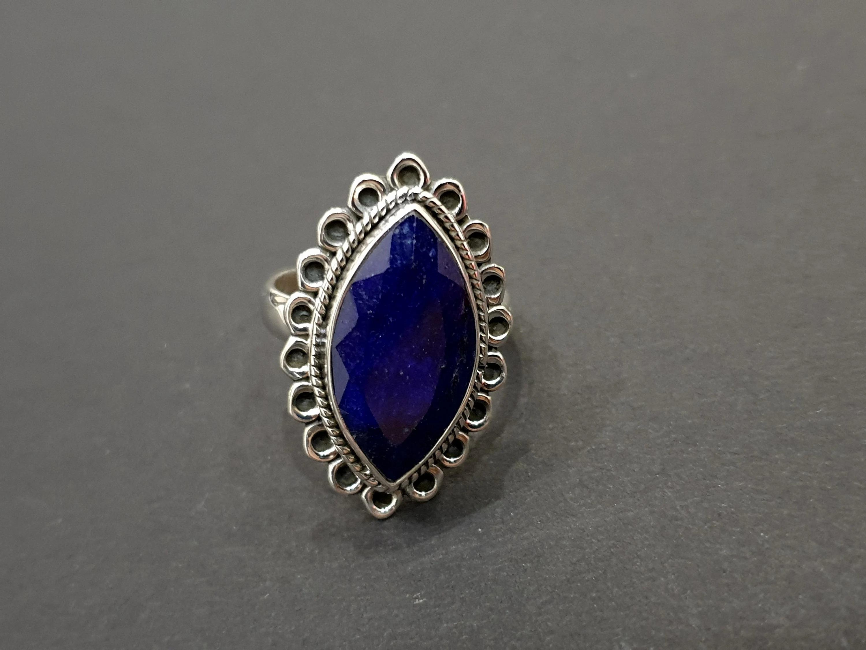 

Marquise Raw Blue Sapphire 925 Sterling Silver Ring, Boho Style Sapphire Wedding Gift Ring 10 срібний