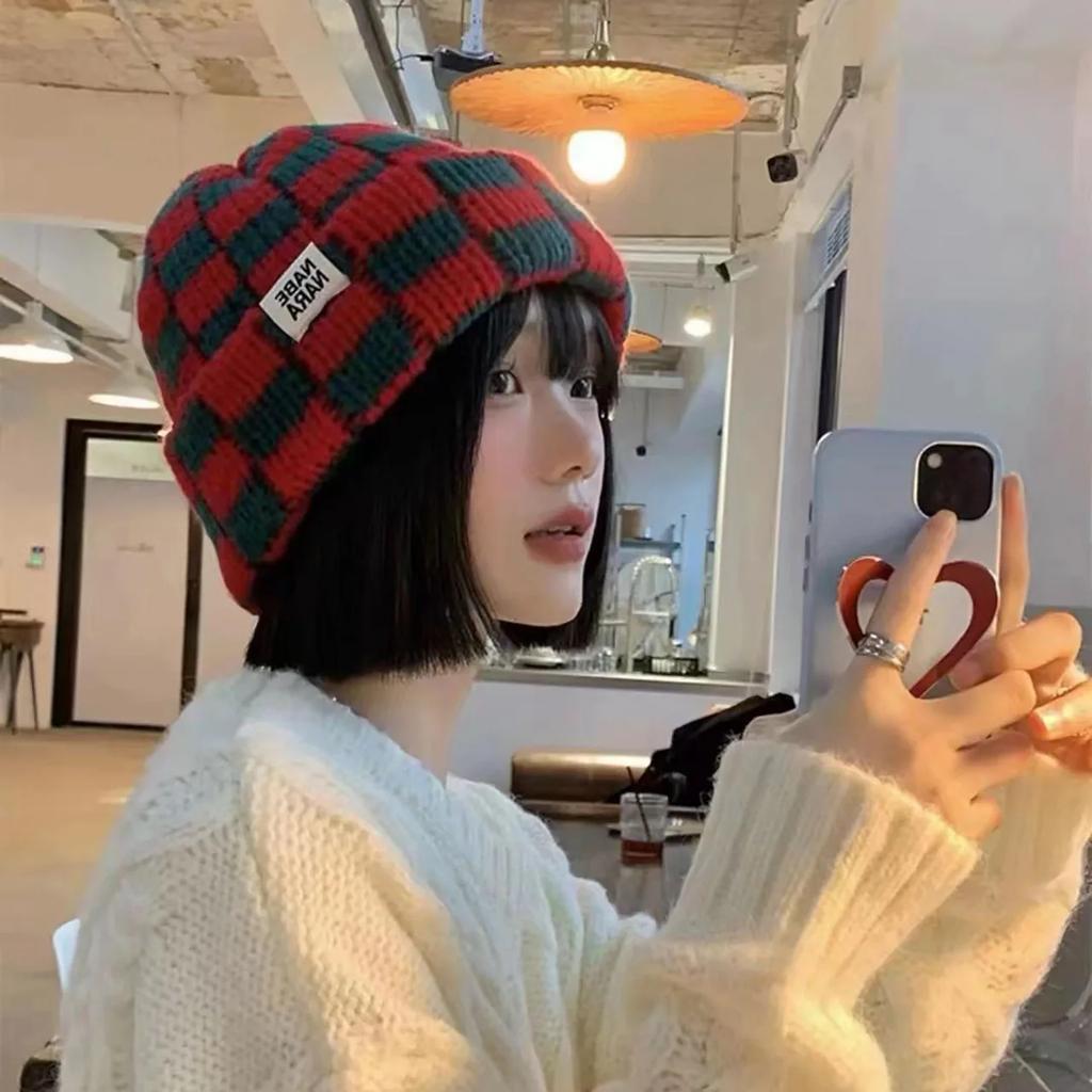 Vintage Plaid Beanie Cap for Women Autumn Winter Warm Knitted Woollen Hat Outdoor Anti-cold Skullies Caps