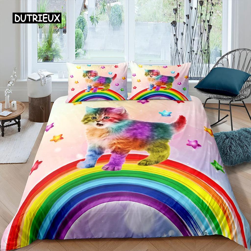 3D Digital Printing 2/3pc Animal Cat Pattern Quilt Cover Pillowcase Double Bed Set Cover Quilt Soft Microfiber Bedding Set