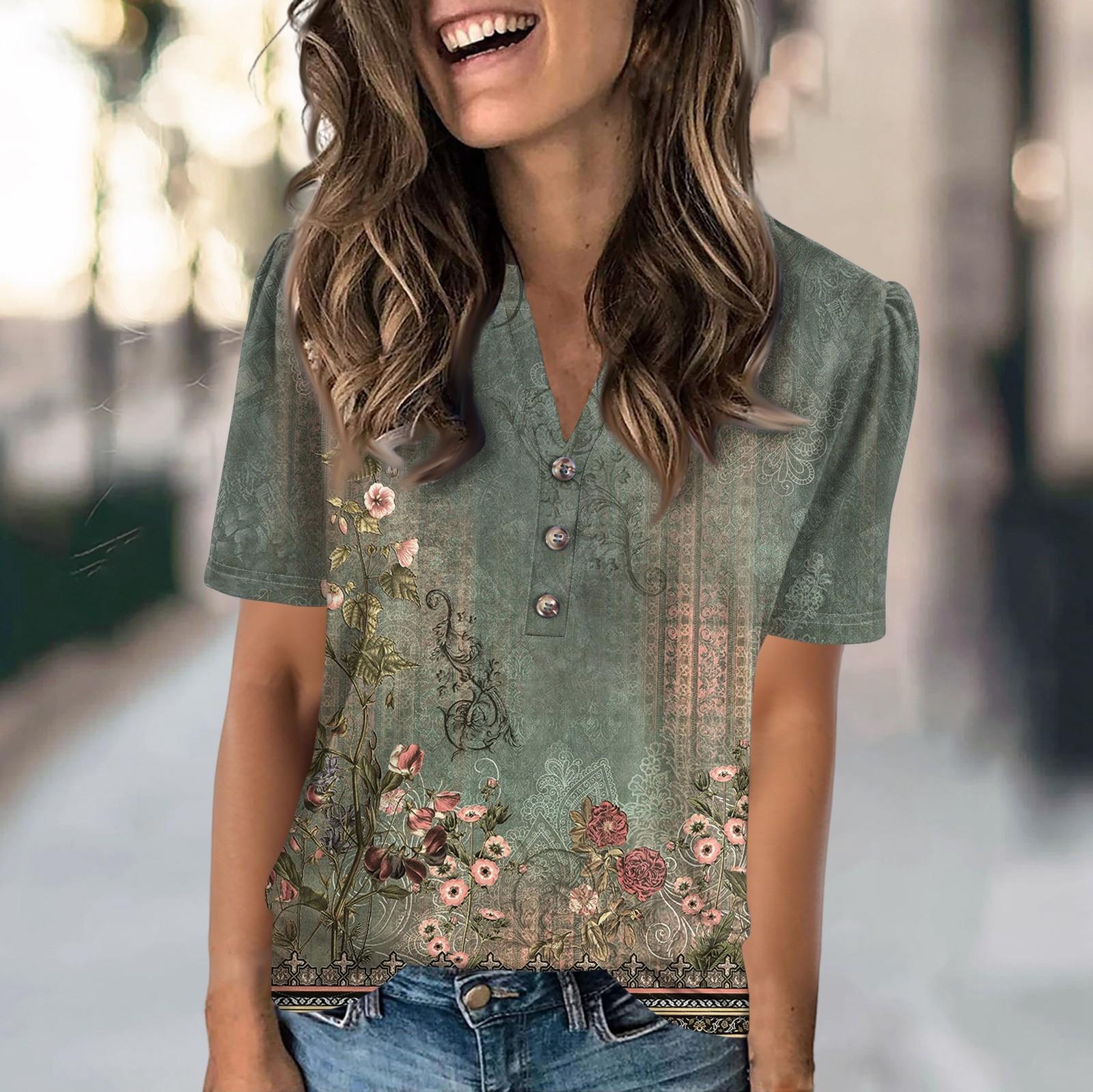 

Женская модная повседневная футболка с цветочным принтом, V-образным вырезом, коротким рукавом, на пуговицах S зелёный