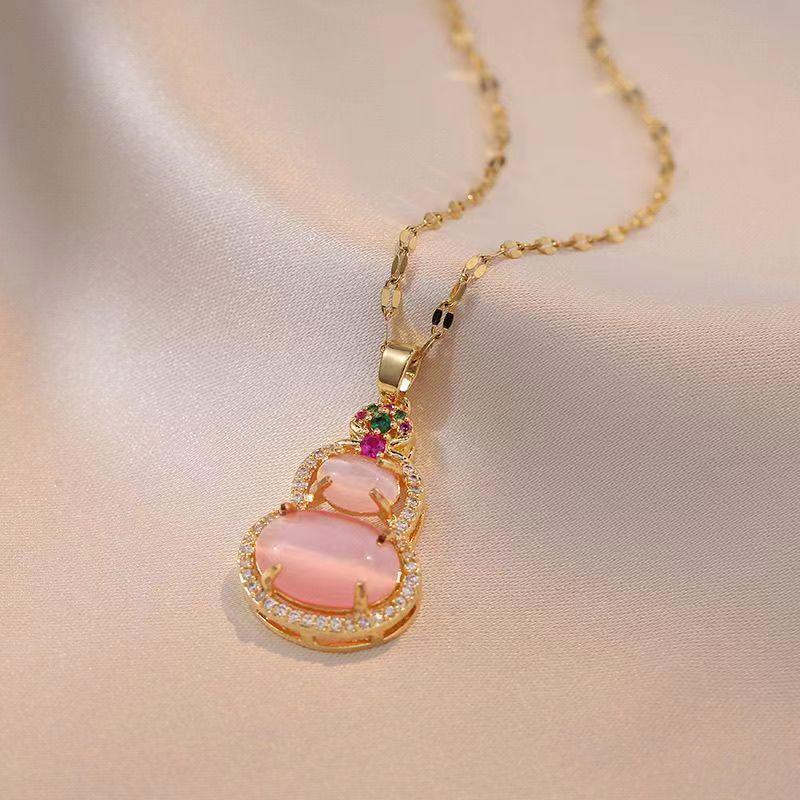 Colorful Pink Cat s Eye Gourd Pendant Clavicle Chain - Women s Titanium Steel Necklace, New Design
