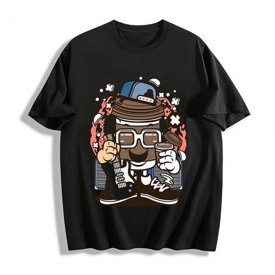 Cool Coffee Cup Rock Guitarist Fun Print Casual T-Shirt Pure Cotton T-shirt