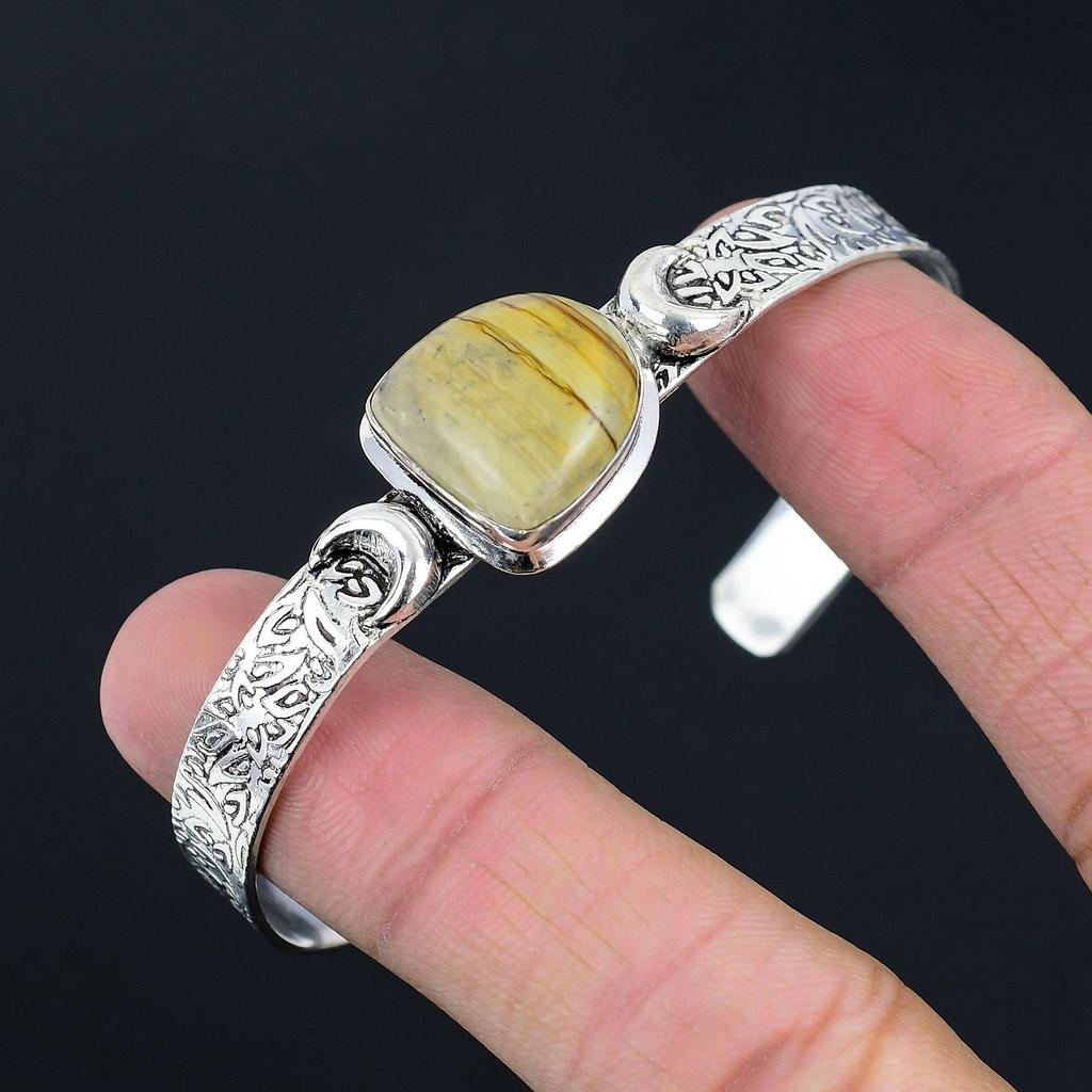 Natural Landscape Jasper Trendy Crescent Moon Elegant Bangle 925 Sterling Silver