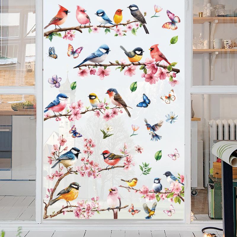 Frühlingsfensteraufkleber PVC statischer Aufkleber Kirschblüte Vogel Design für Wohnzimmer Fensterdekoration Glasaufkleber