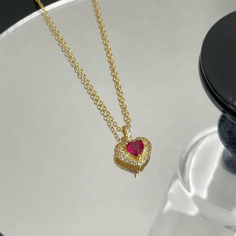 Pigeon Blood Red Treasure Love Zircon Necklace Simple Light Luxury Collarbone Chain Niche Design High-End Pendant