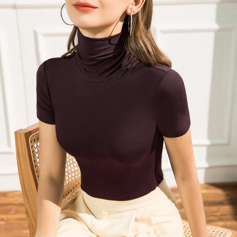

Весенняя футболка с коротким рукавом из модала, женская облегающая корейская рубашка с высоким воротом, однотонная универсальная рубашка на подкладке L кофейный
