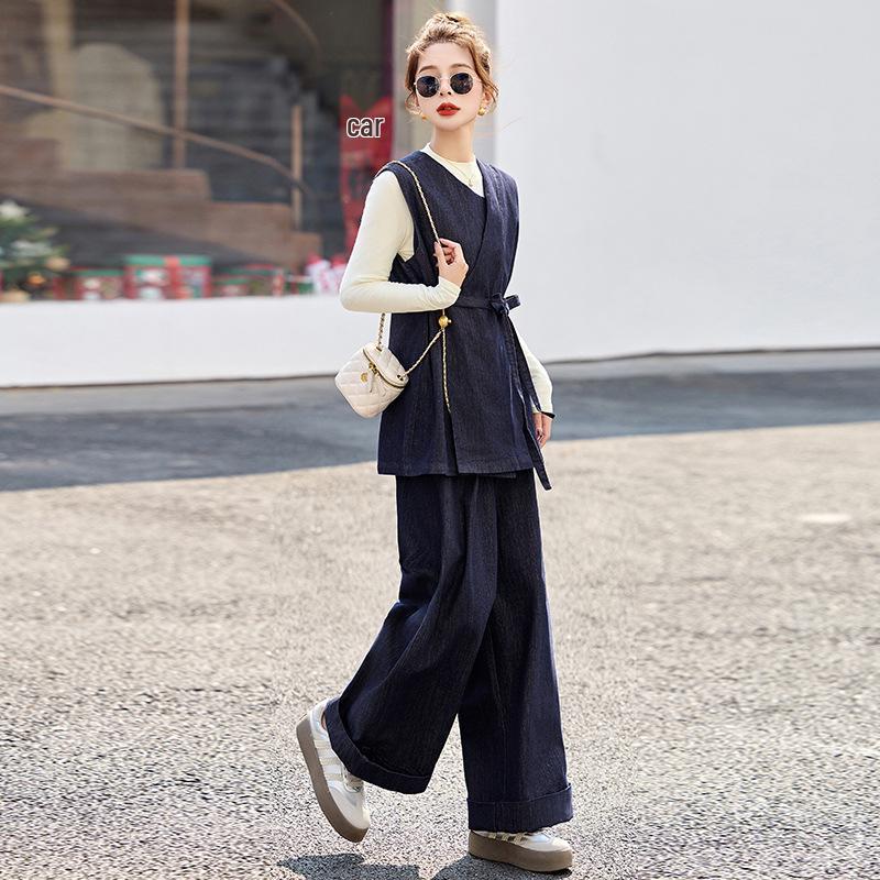 Spring 2025 Fashionable Three-Piece Set: Stylish Base Shirt, Denim Vest, & Long Pants