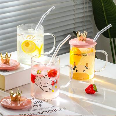 Ceramic Cover Borosilicate Glass Straw Cup 500ML Personality Cute Drinking Cup Large Capacity Mug with Lid