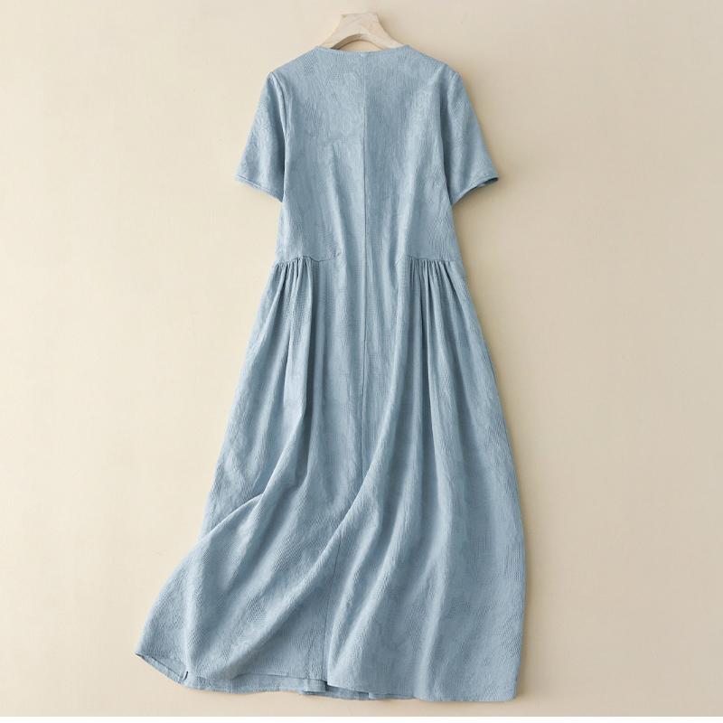 Bavlněné prádlo Vyšívané Šaty s krátkým rukávem Panelové šaty Léto Nové Dámské Vintage Literární Temperament Elegantní volné dlouhé šaty