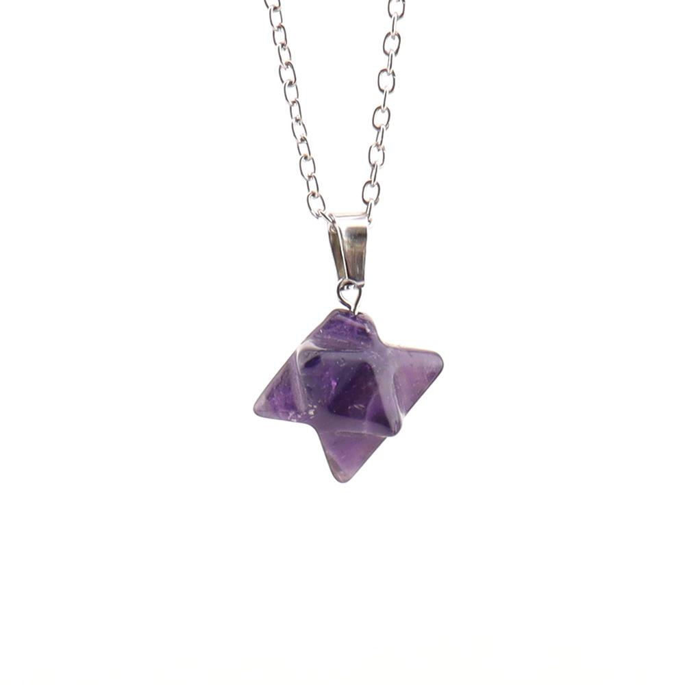 Large Natural Stone Pendant: 24mm Amethyst Rose Quartz Kabbalah Star Necklace