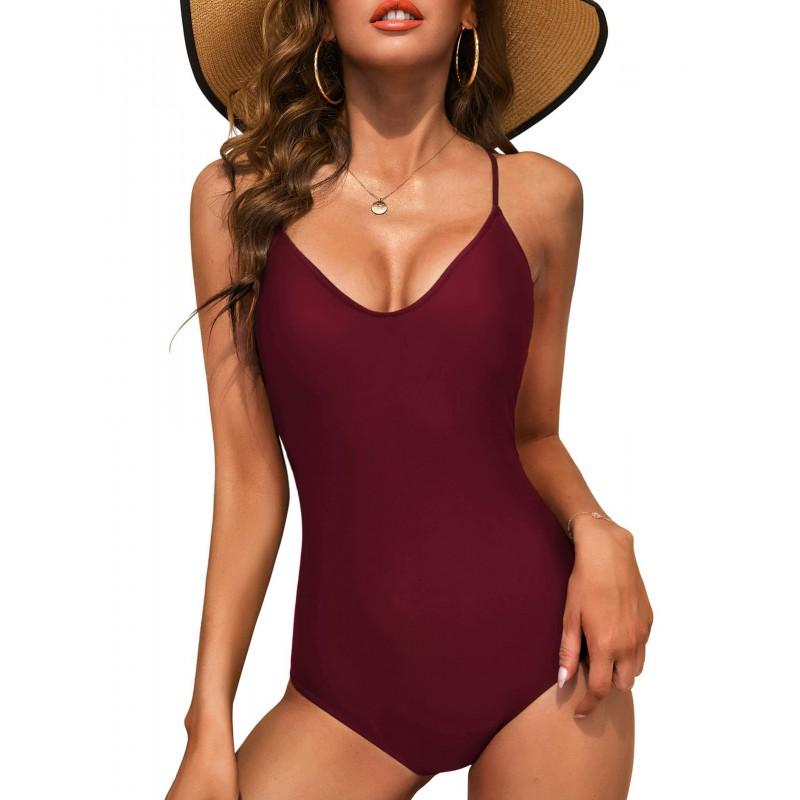 Solid Color One Piece Swimsuit Women With Push-Up Padding Backless Fit Swimwear Beach Vacation Pool