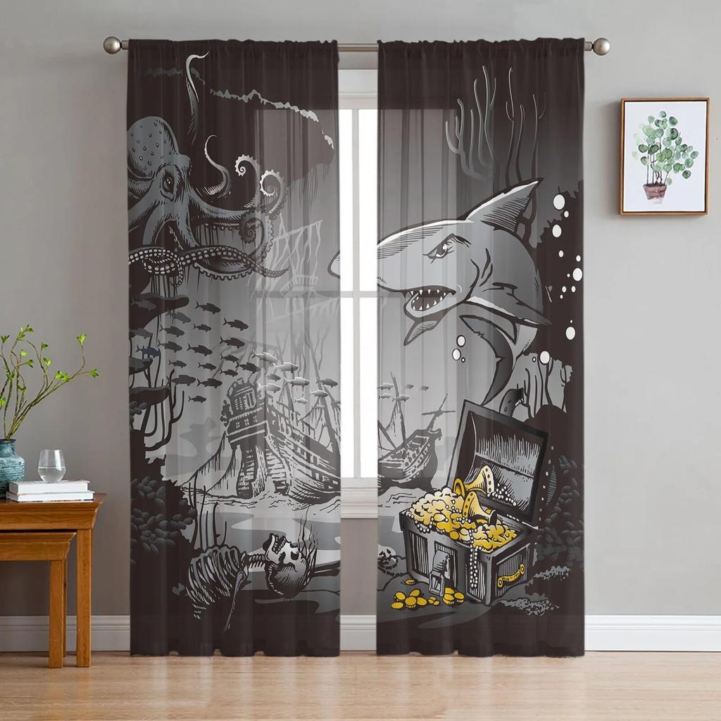 Sea Octopus Retro Cthulhu Sheer Curtains for Living Room Modern Voile Curtain Bedroom Tulle Curtains Window Drapes Decor