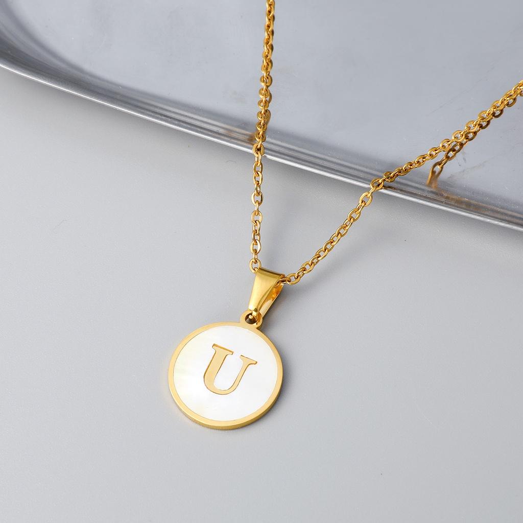 Stylish Stainless Steel Shell Letter Necklace For Women Round Titanium Steel Pendant Necklace With English Alphabet Letters