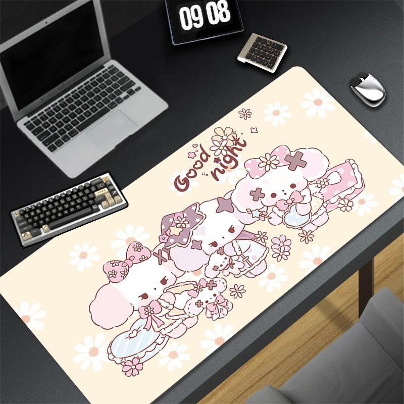 Gaming Mouse Pad Antislip Stitched Edges Pink Cute Cartoon Artwork Print Keyboard Pad for Gamer Home Office Desk Mat