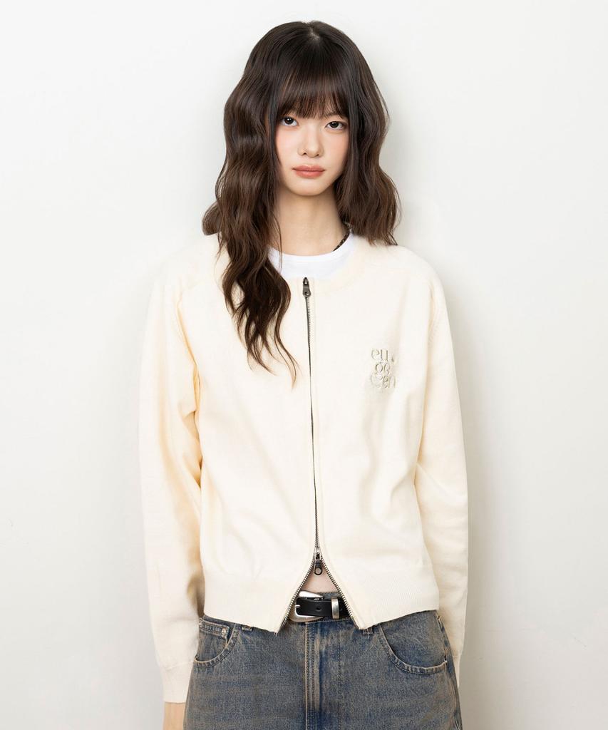 Yujen Minimal Round Neck Two-Way Knit Zip-Up_Ivory