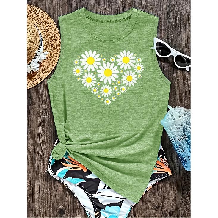 Elegant Vest for Women Daisy Heart Print Casual Loose Summer Vest Fashionable and Elegant Tops for Commuting, Vacation, and Everyday Wear, Available