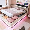 Children's Bed 90x200cm LED Lighting Color Changing USB Headboard Openable Hydraulic Storage Linen Fabric Beige (without Mattress)