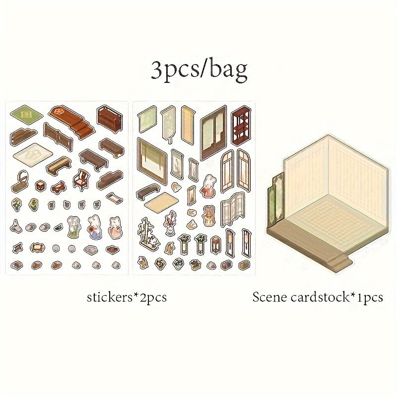 Mini 3D Szenen Sticker Pack Kawill Cartoon Tier Retro Chinesischer Innenhof Teich Arbeitszimmer Szene Sticker DIY Szenen Sticker