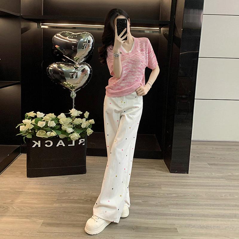 Autumn and winter Korean straight small white floral embroidered jeans women's loose casual versatile wide-leg pants