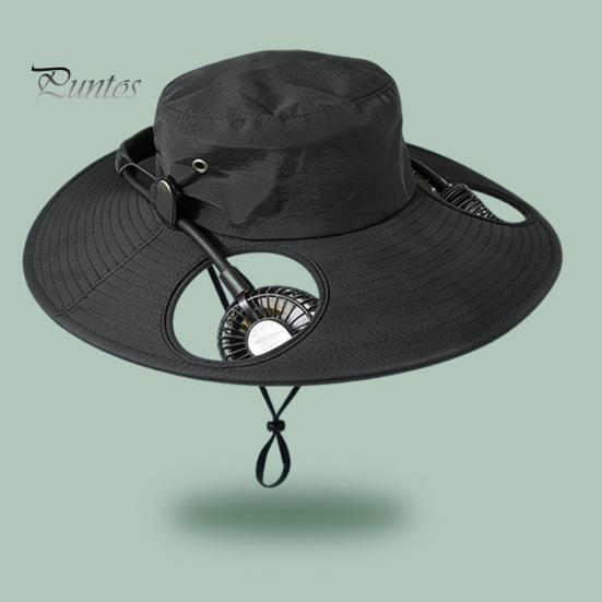 Summer Camping Sun Protection Solar Fan Hat, Cooling Bucket Outdoor Wide Brim Portable Powered Cap Hat with 2 Fans for Fishing, Camping, Hiking, Beach
