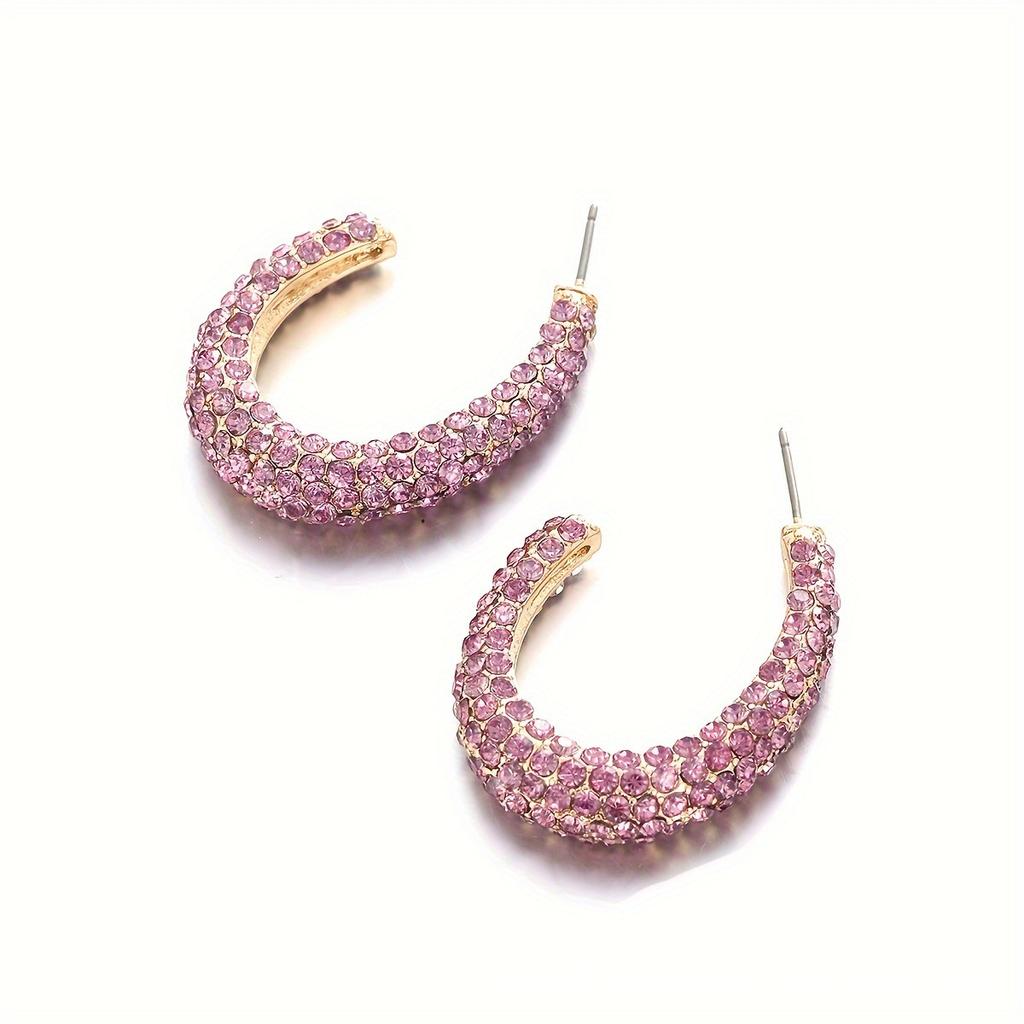 European and American retro fashion metal simple c-type inlaid diamond earrings women's color crystal glue earrings