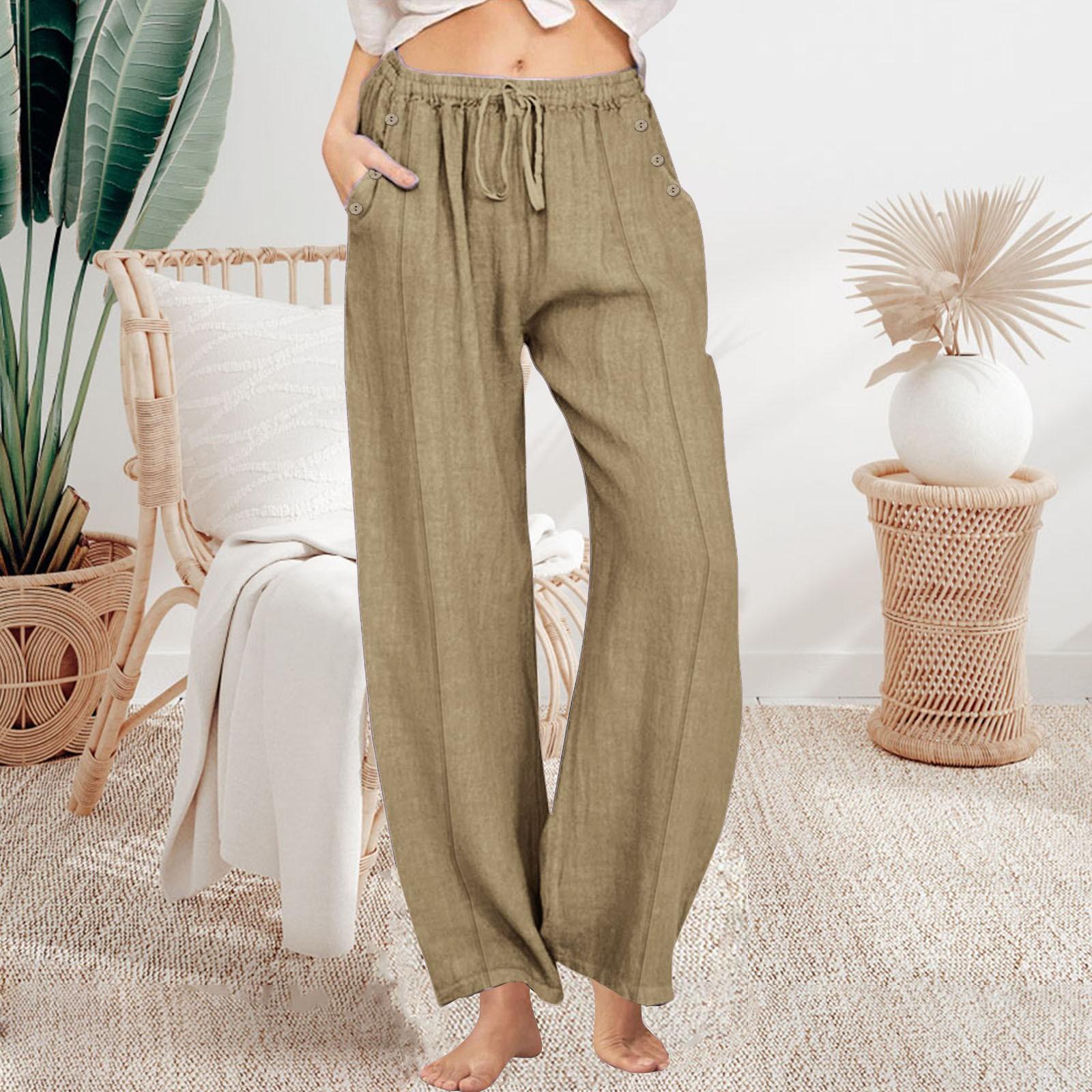 

Женские модные свободные повседневные брюки с широкими штанинами из хлопка и льна на шнурке, однотонные XXXL хаки