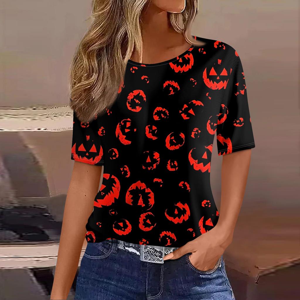 Women's Casual Short Sleeve Pullover Top Halloween Print Bat Pumpkin Ghost Spider Web Round Neck Shirt