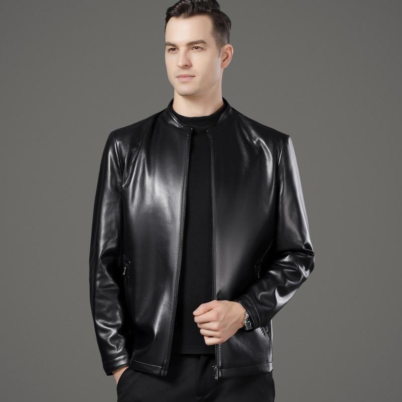 Genuine Leather Jacket Men's Sheepskin Autumn and Winter Stand-up Collar Daddy Leather Jacket Middle-aged Plus Velvet Warm Jacket