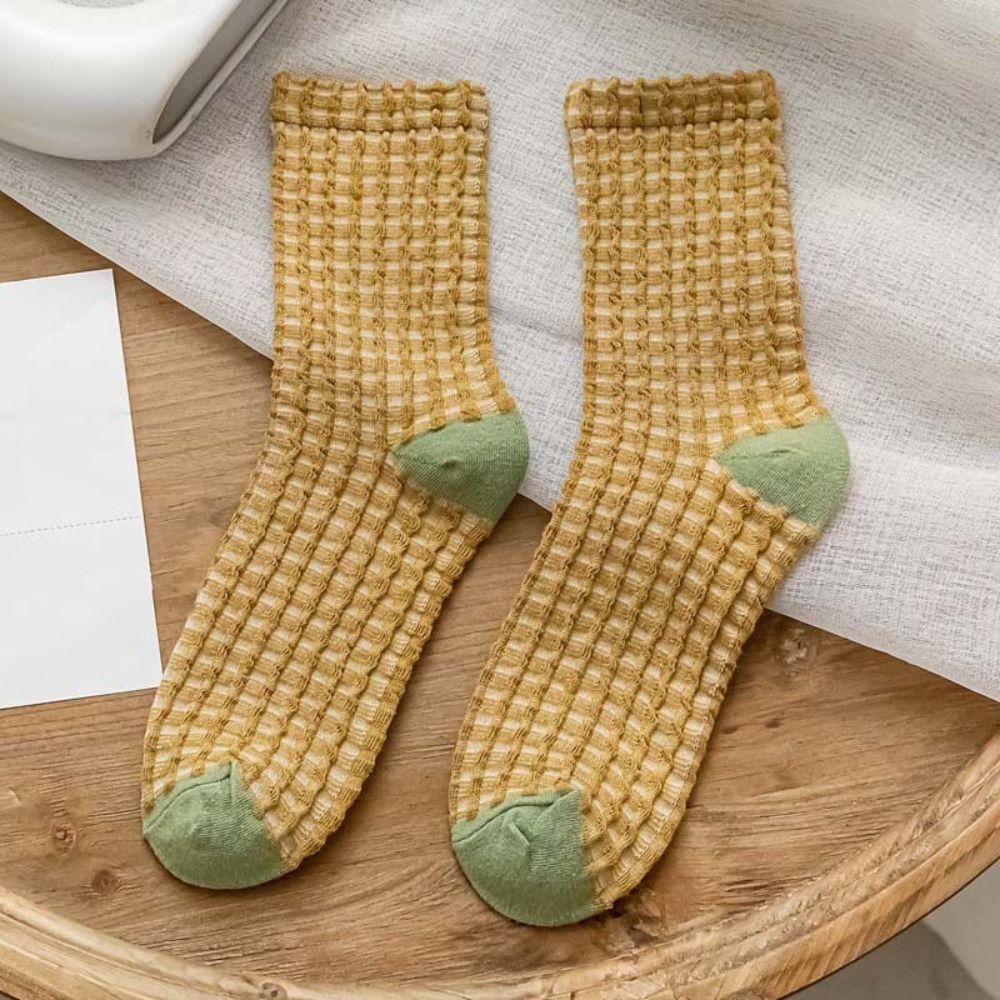 5Pairs Breathable Checkered Cotton Socks Patchwork Grids Socks Sweet Women Tube Sock Gift