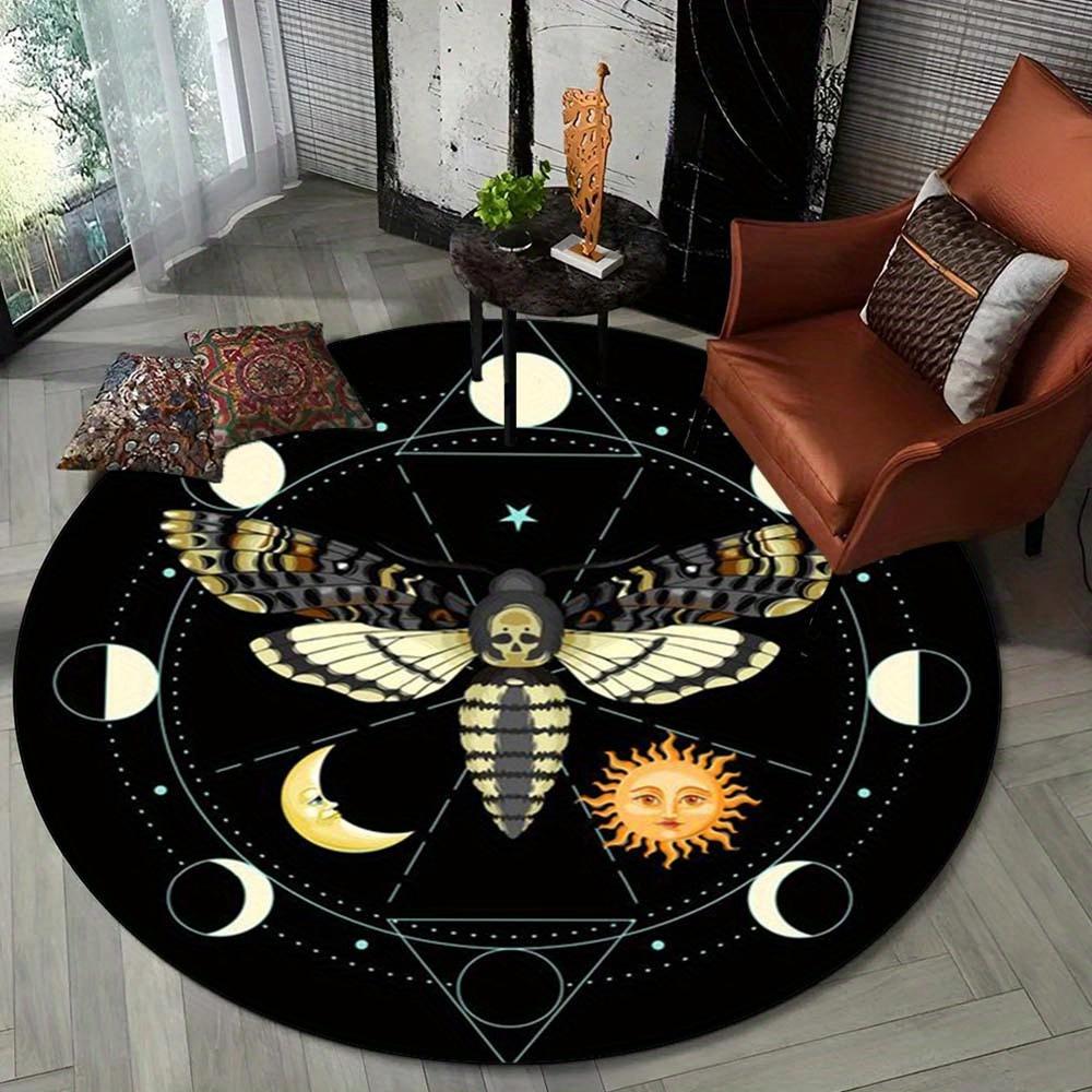1pc Witchy Moon Phases Rug - Death Moth Pattern, Round Rug for Living Room, Bedroom Chair Cushion Decoration, Crystal Velvet