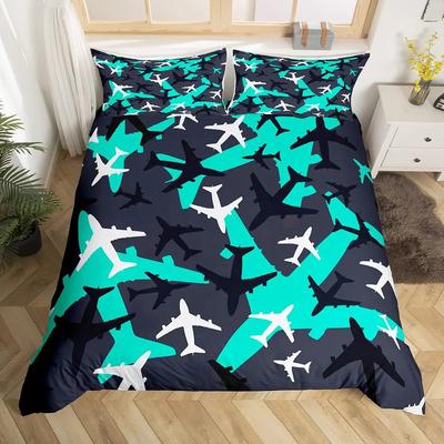 Cartoon Aircraft Duvet Cover Set Full Size Blue Green Airplane Bedding Set 3Pcs Army Camo Comforter Cover For Kids Boys Teen Men