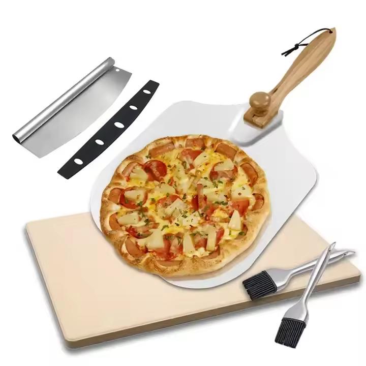 Stainless Steel Pizza Stone Set Wooden Handle Pizza Peel Shovel Baking Brush and Pizza Cutter чёрный