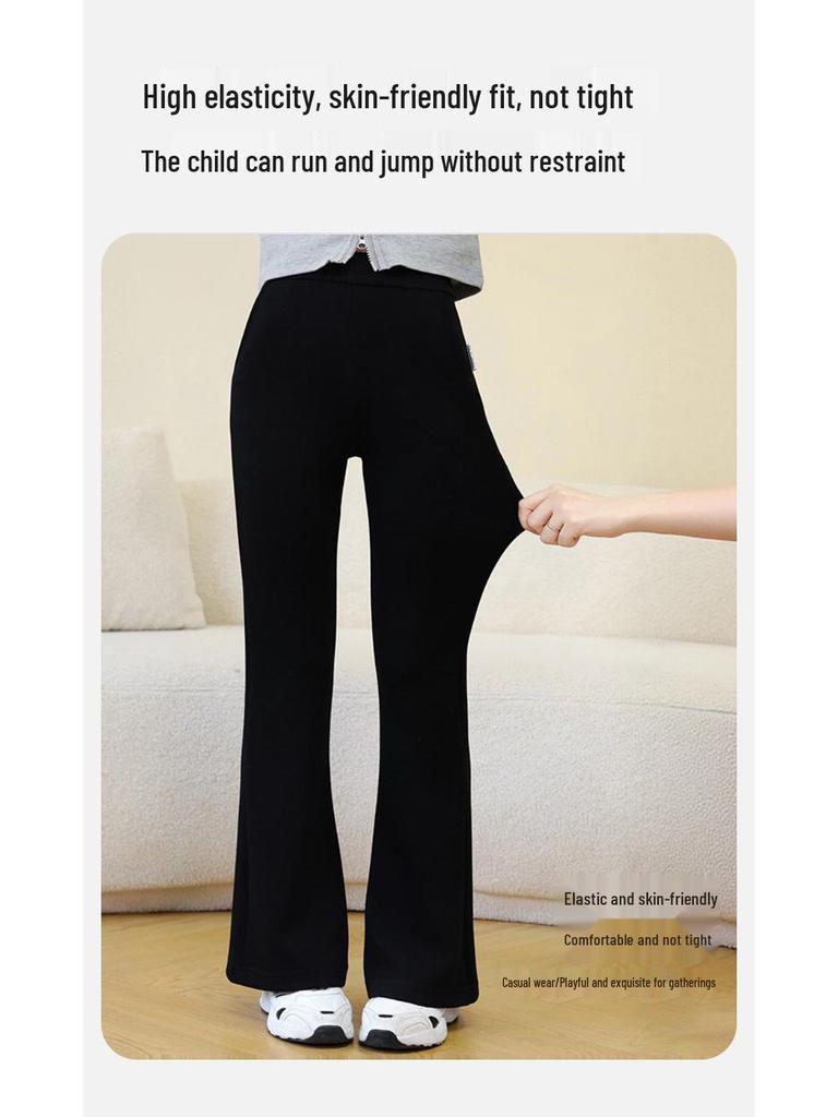 2025 Autumn Girls' Black Micro Flare Slimming Casual Pants for Middle and Big Kids