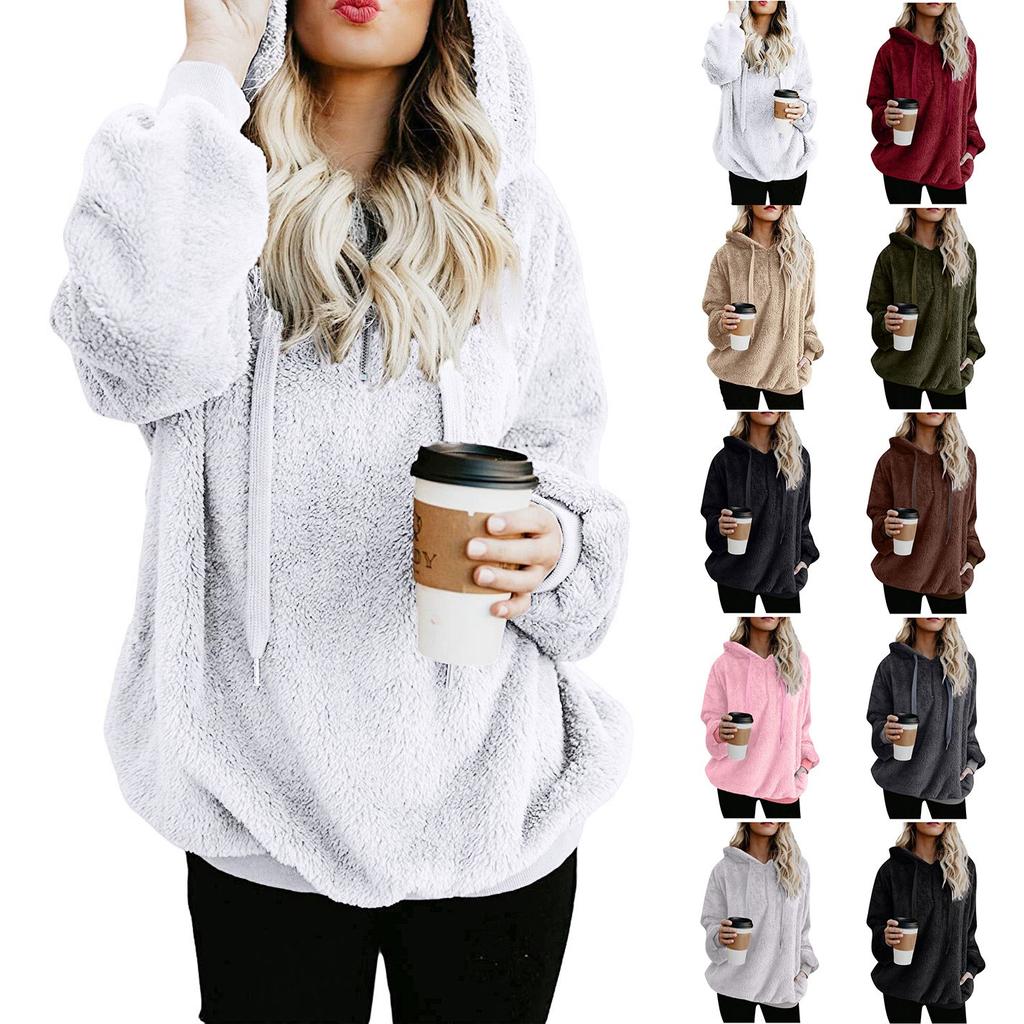 Winter Women Long Sleeve Fleece Hooded Sweatshirt Pullover Warm Jumper Sweaters With 1/4 Zip