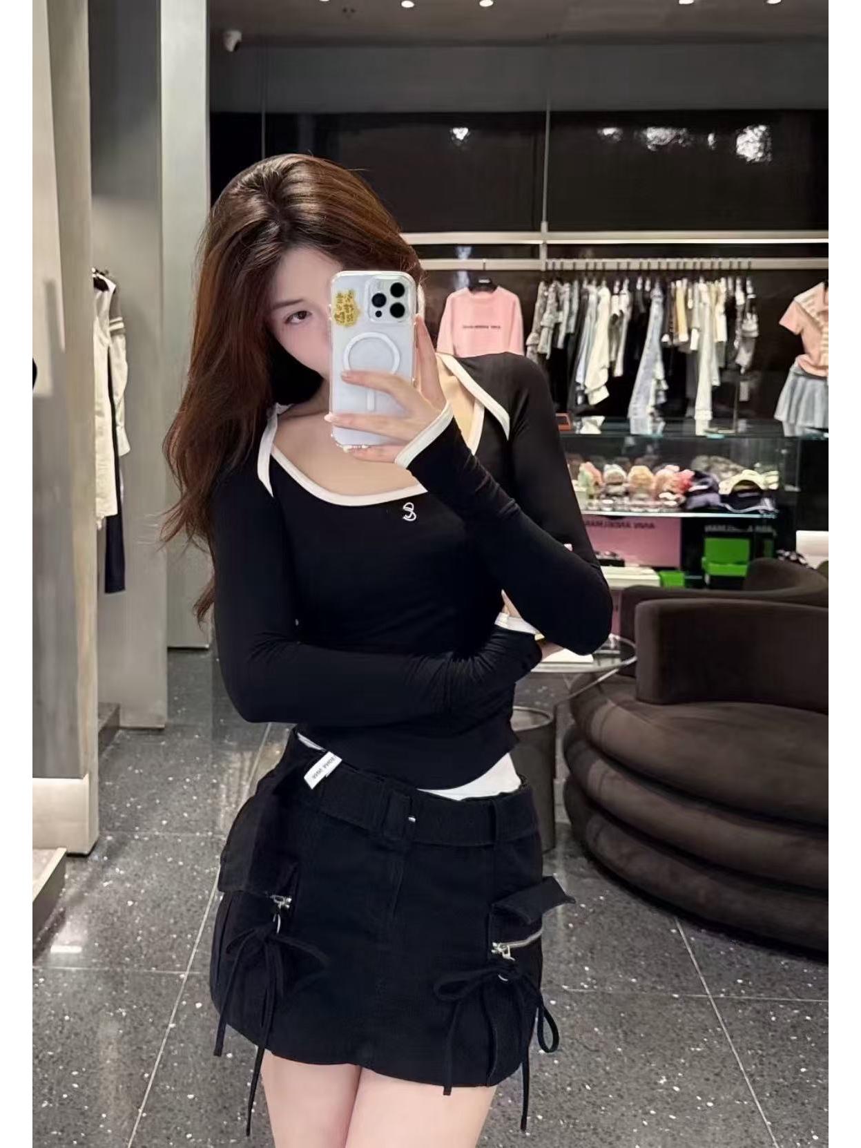 

Nanyou Edition 26: Early Spring Envelope Collar Color Block Long Sleeve Ruched Waist Top Small чёрный