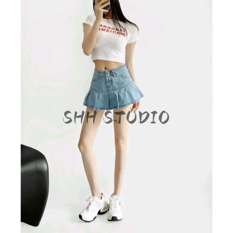 Summer New Product Women's Clothes American Sexy Style Two-Button Pleated A- line High Waist Slimming and Short Denim Skirt