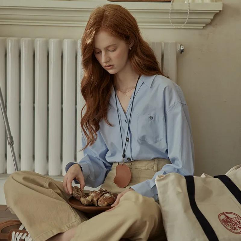 Spring Women V Neck Button Down Long Sleeve Shirt Casual Loose Blouse S синий