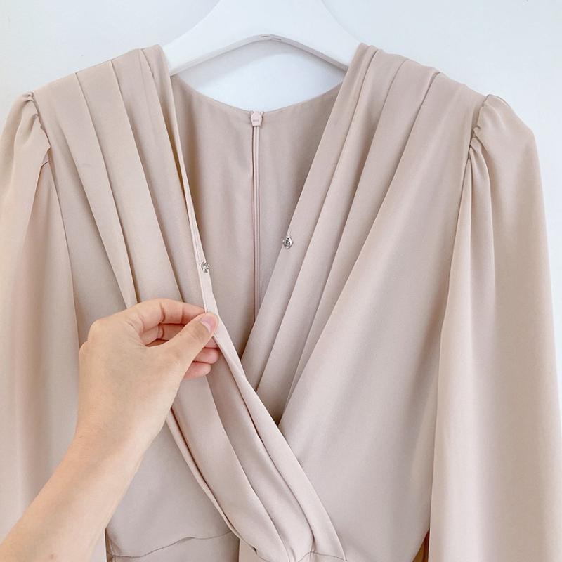 Nuovo Elegante Vestito Avvolgente Scollo a V Lunghezza Media Manica Lunga a Palloncino Linea ad A Svolazzante Vita Alta Vestito in Chiffon Adatto per il Lavoro e l'Uso Quotidiano Casual