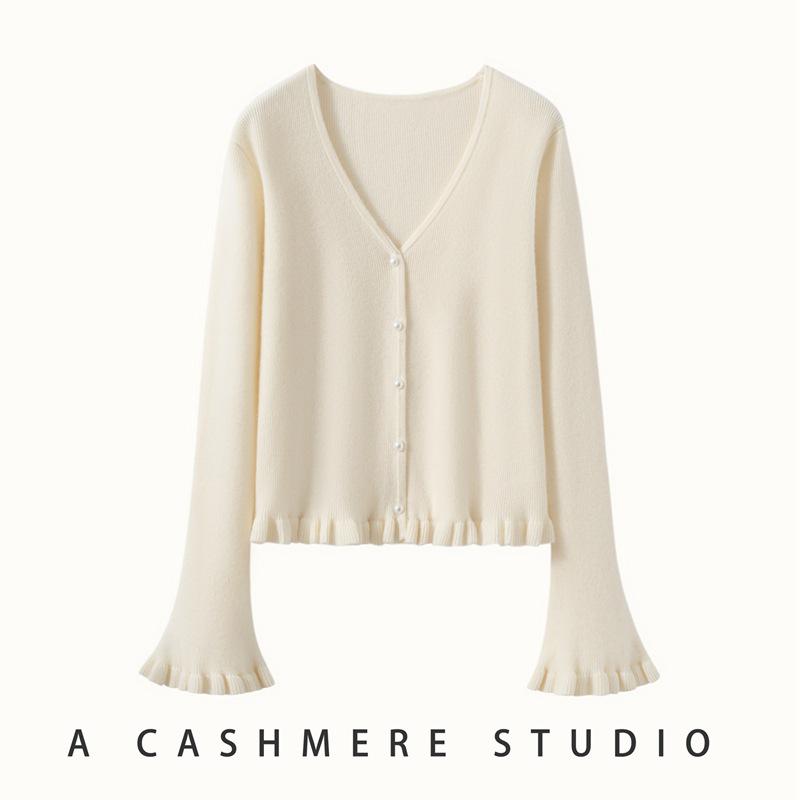 Women's V-neck Ruffle Bell Sleeve Cashmere Cardigan - Soft Knitted Loose Fit Sweater