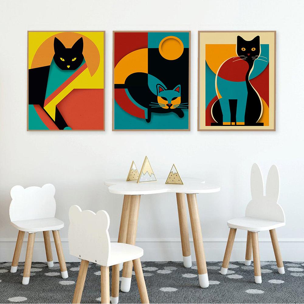 Geometric Bauhaus Cats Art Posters and Prints Modern Vinatge Abstraction Art Canvas Painting Wall Art Picture Home Decoration