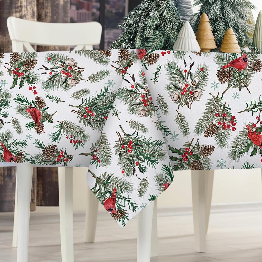 Christmas Pine Cone Needle Berry Birds Rectangle Tablecloth For Table Decor Winter Xmas Dining Table Cloth Christmas Decorations
